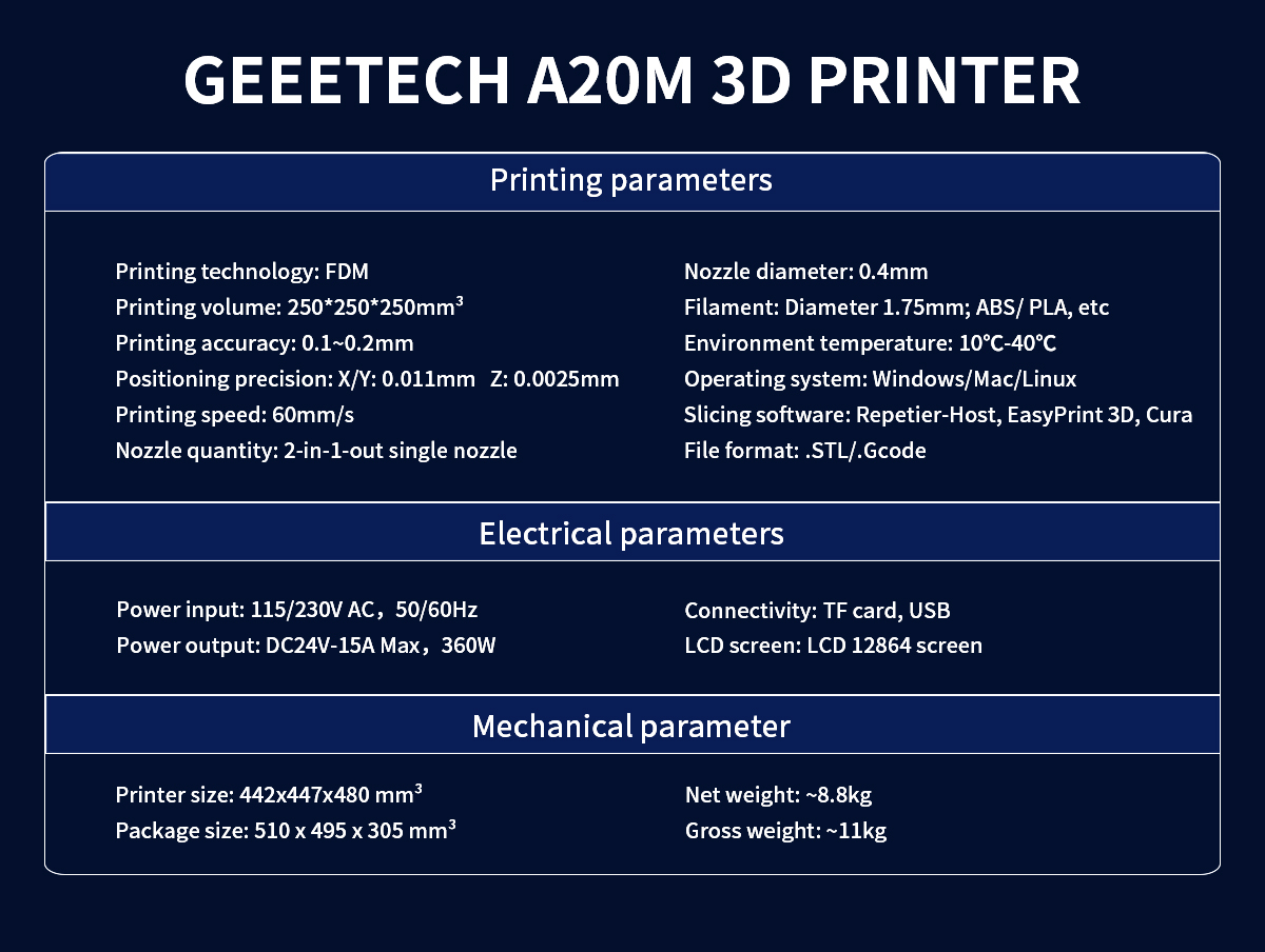 Geeetech a20m 3d printer specifications