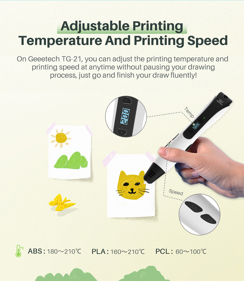 geeetech White TG-21 3D Printing Pen description of adjustable printing temperature and speed