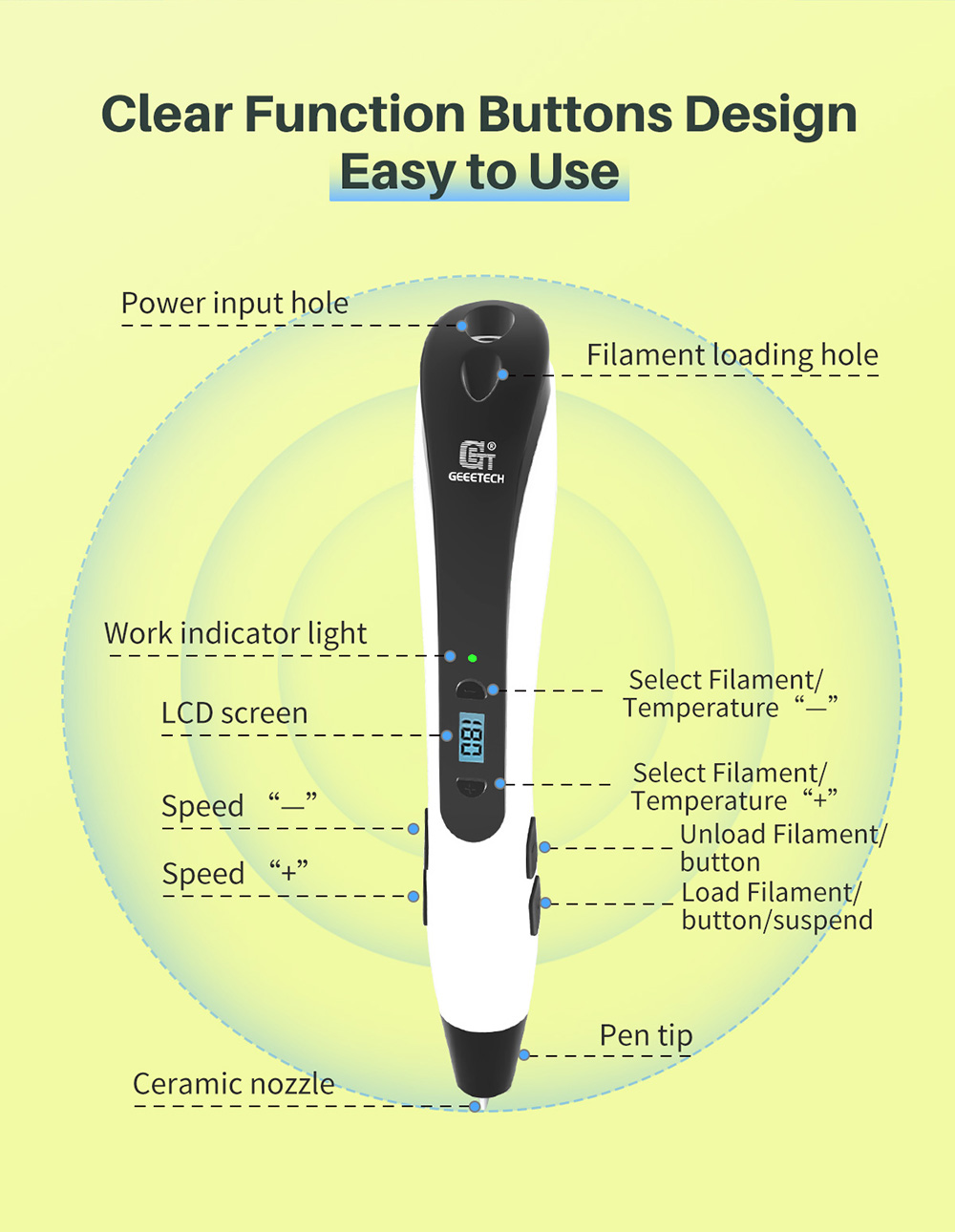 geeetech Grey TG-21 3D Printing Pen description of clear function buttons design