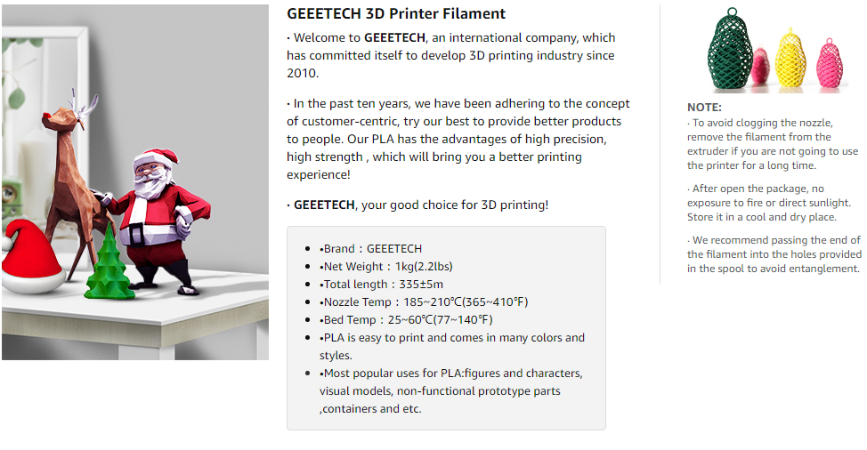 Geeetech PLA Transparent 1.75mm 1kg/roll specifications