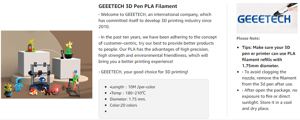 geeetech 3D Pen PLA filament 3D Printer 1.75mm PLA Filament, 20 Colors, 10 Meters per color description of note and advantages