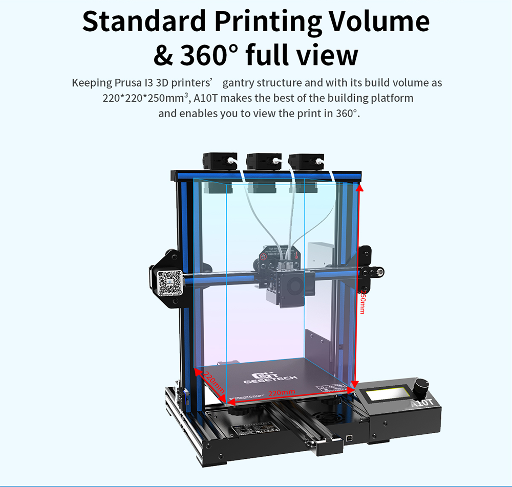 geeetech a10t description of standard printing volume & 360° full view