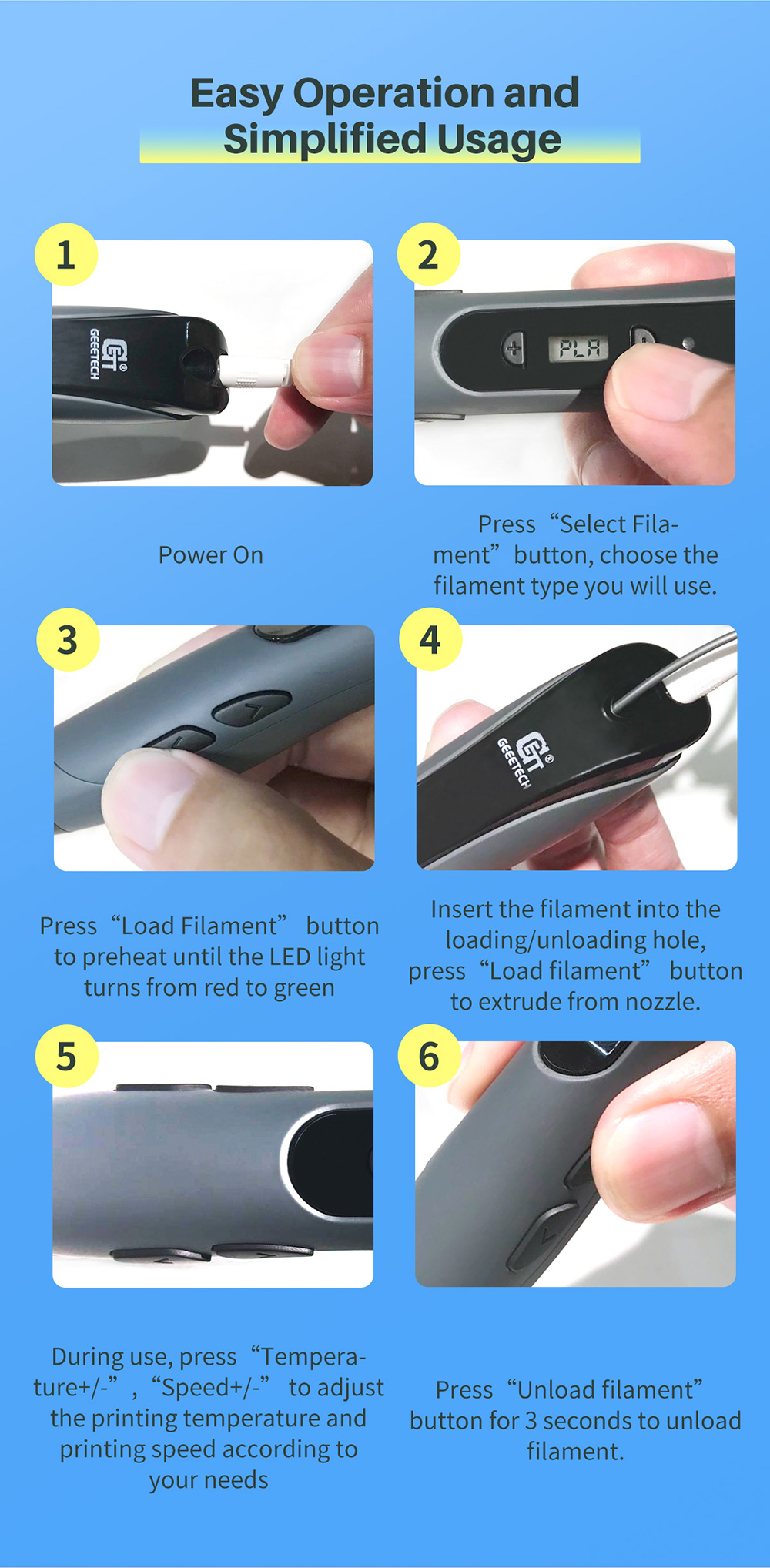 geeetech Grey TG-21 3D Printing Pen description of simplified usage