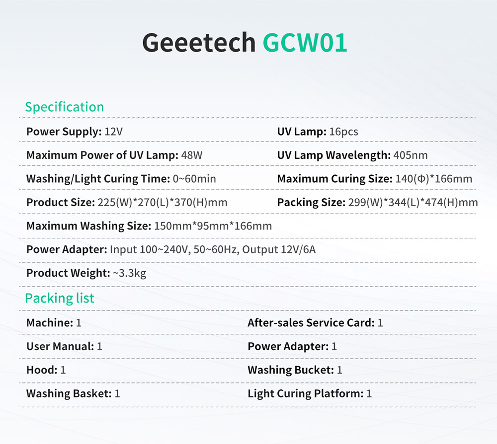 geeetech gcw01 wash & cure machine description of specification
