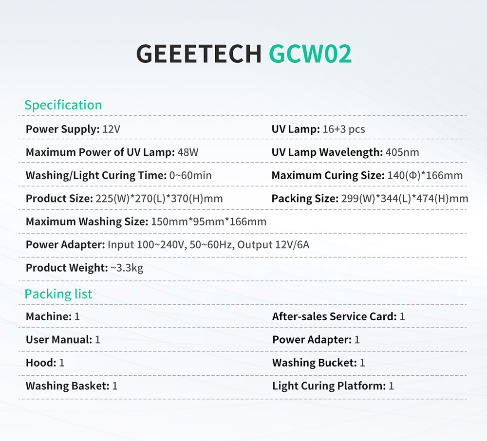 geeetech gcw02 wash and cure machine specifications