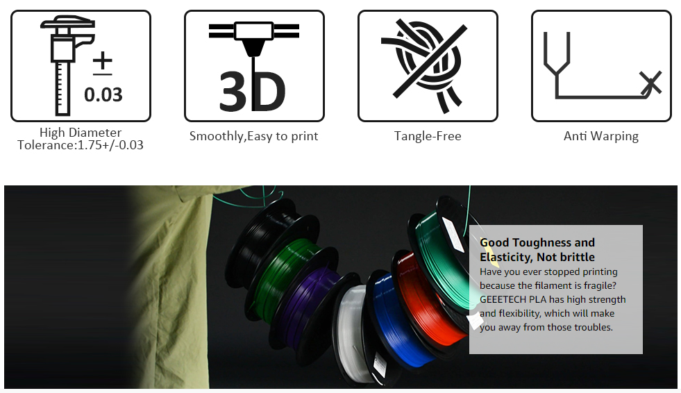 GEEETECH 1.75mm Noir PLA Filament 1kg pour imprimante 3D de l'UE accessoires