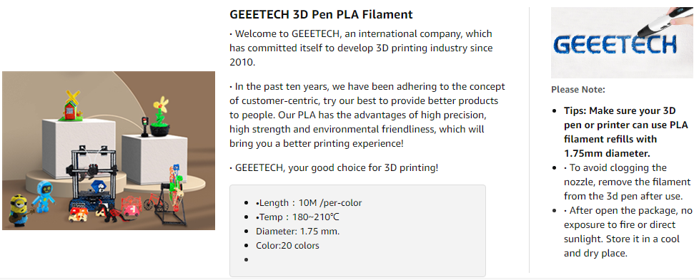 geeetech 3D Pen PLA filament 3D Printer 1.75mm PLA Filament, 20 Colors, 10 Meters per color description of  note and advantages