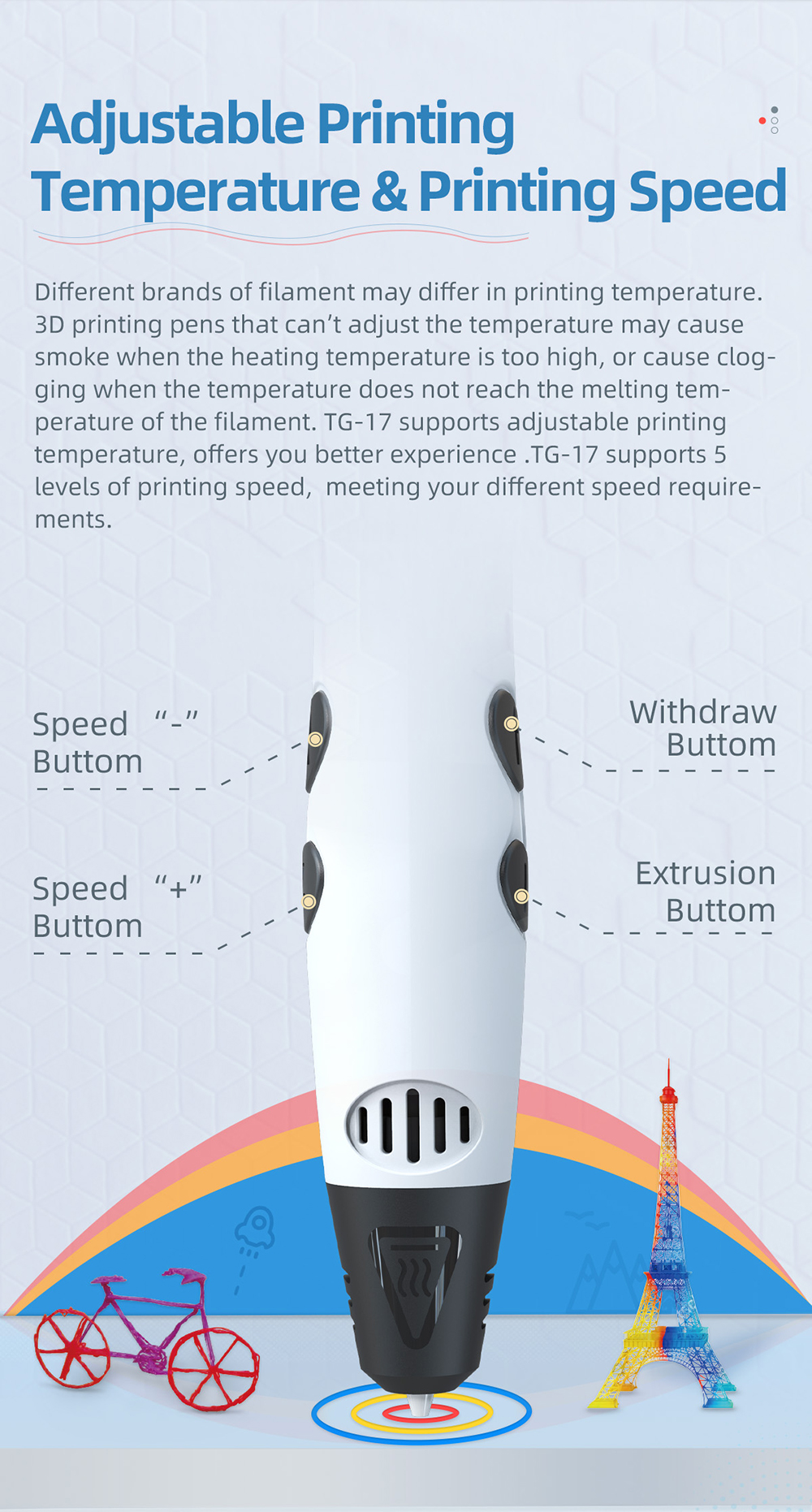 TG-17 3D Printing Pen description of  adjustable printing temperature & printing speed