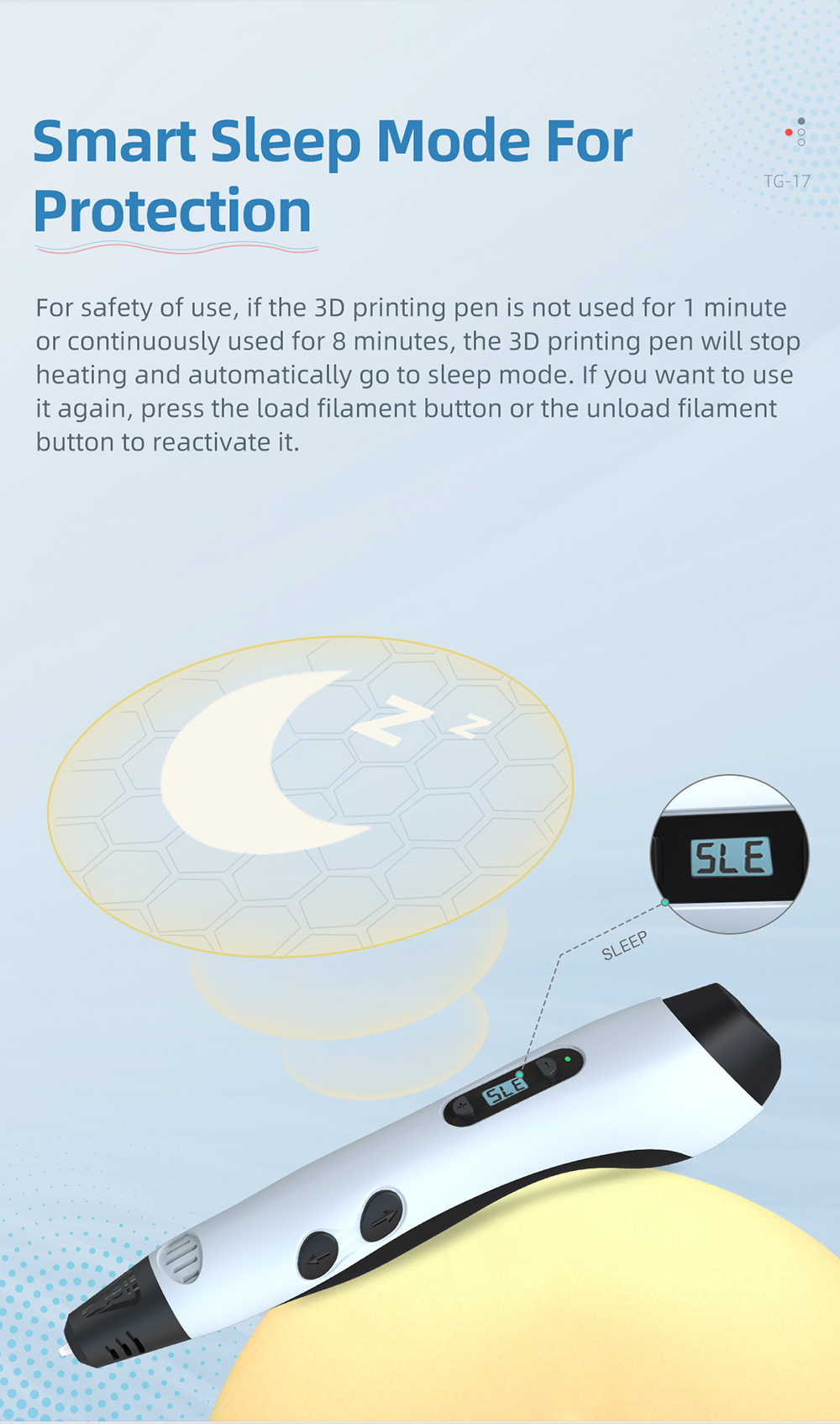 TG-17 3D Printing Pen description of smart sleep mode for protection