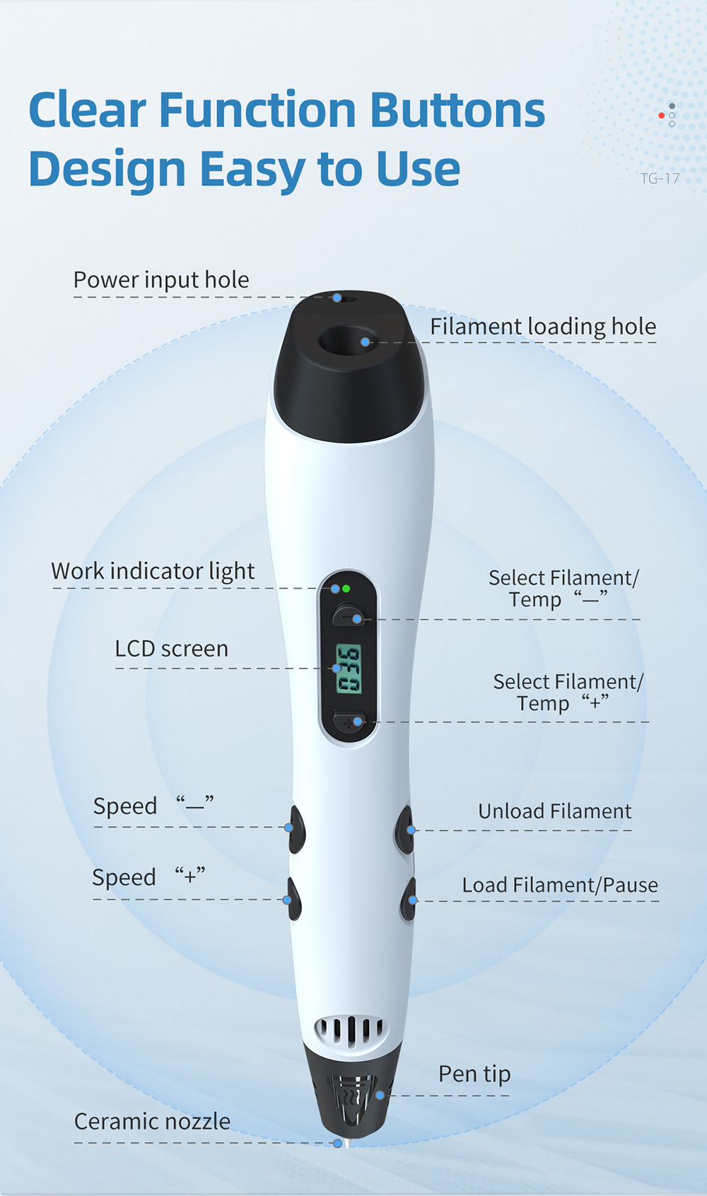 TG-17 3D Printing Pen description of clear function buttons design easy to use