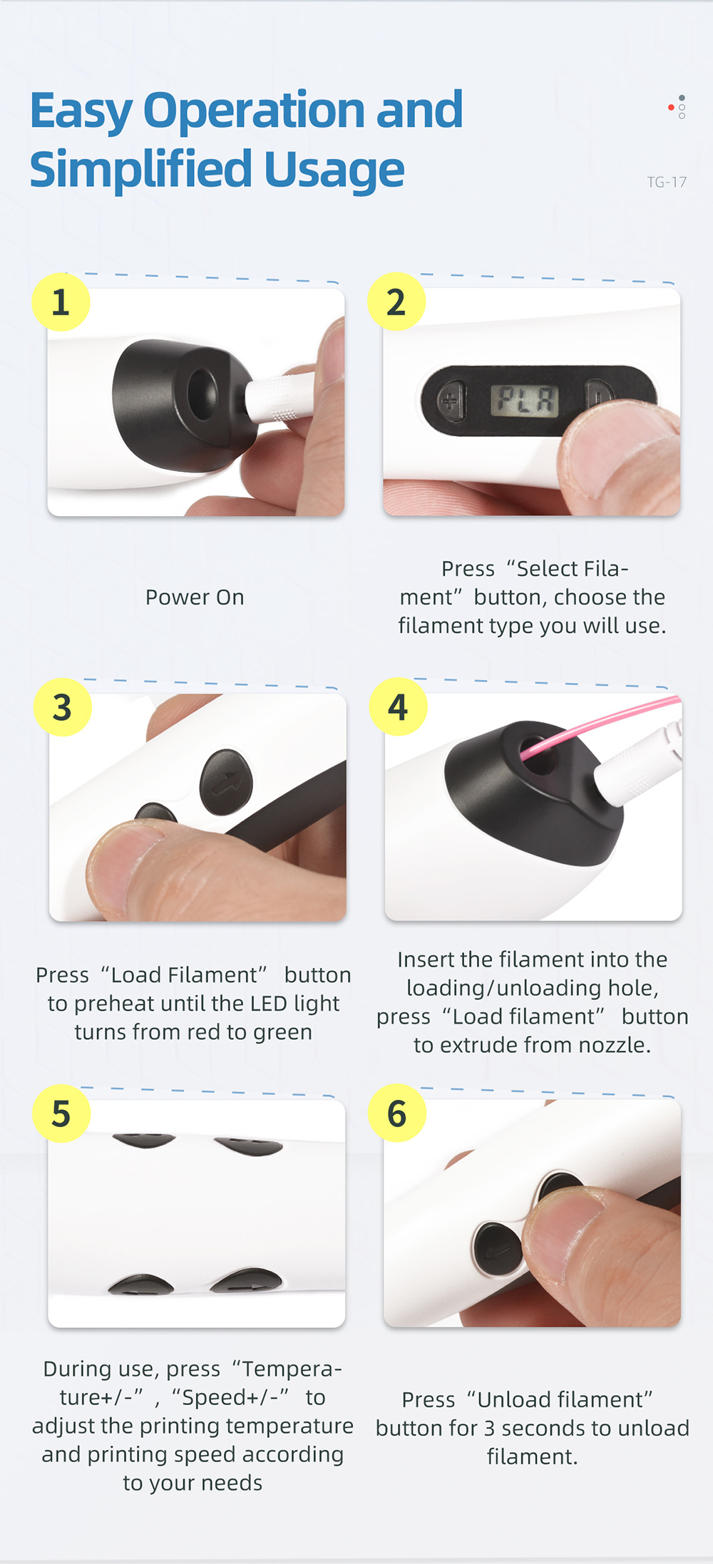 TG-17 3D Printing Pen description of  easy operation and simplified usage