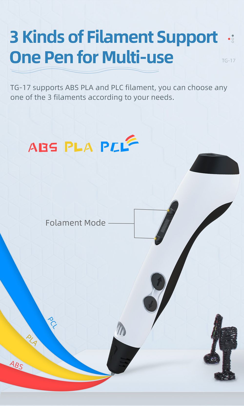 geeetech UK Plug TG-17 3D Printing Pen description of 3 kinds of filament support