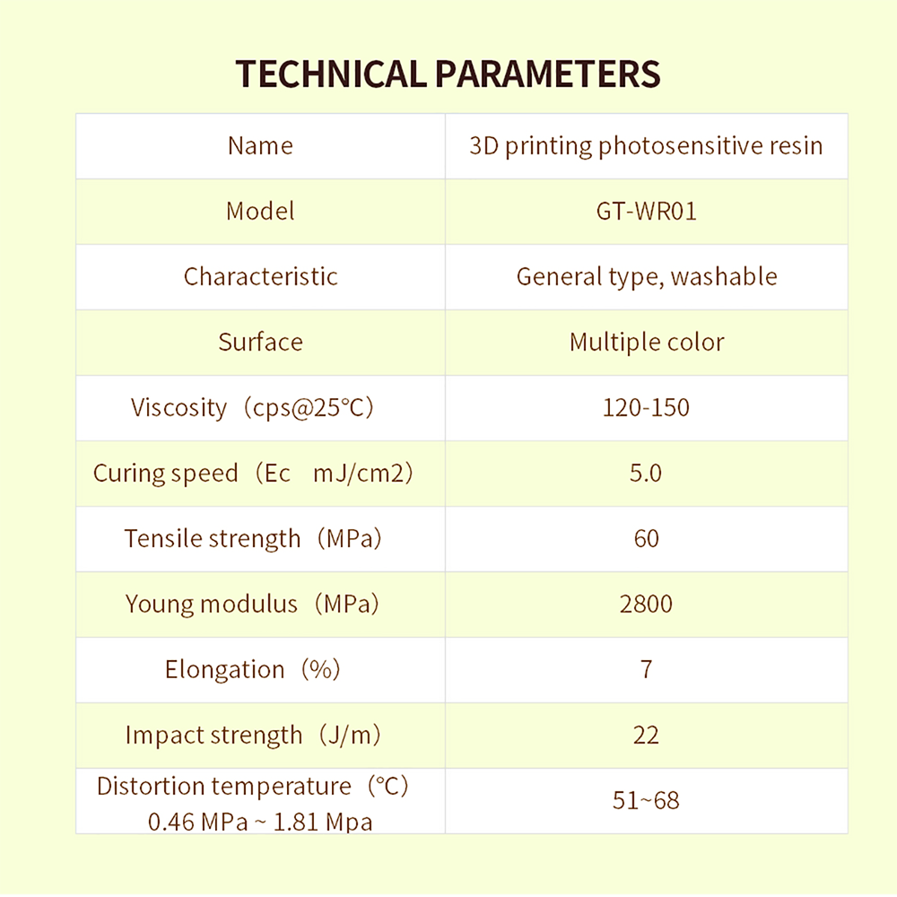 Skin color Resin, Geeetech UV 405nm Rapid Resin, Water Washable, for LCD/DLP/SLA 3D Printers, 500 ml technical parameters