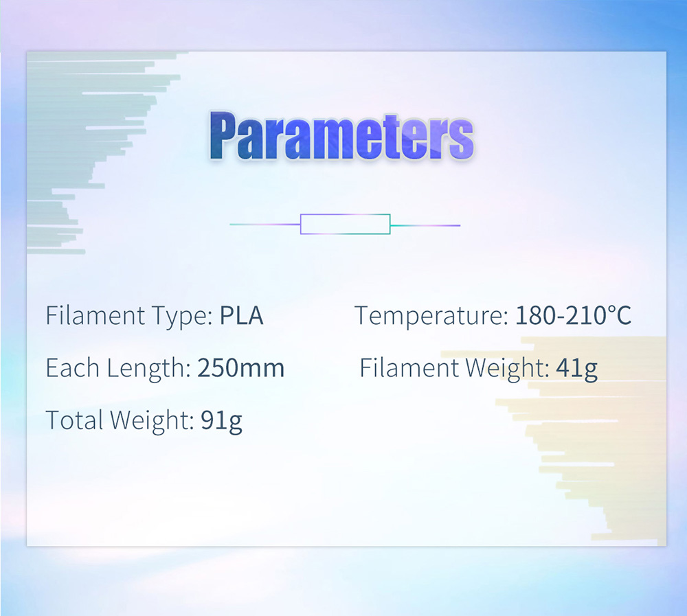 geeetech 3D Pen Filament 1.75mm PLA Green, Length 250mm x 50pcs discription of parameters